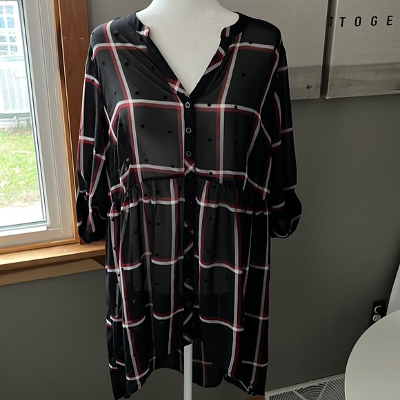 Torrid Sheer Chiffon Plaid Lexie Polka Dot Babydoll Blouse Tunic Size 1X - Picture 4 of 8